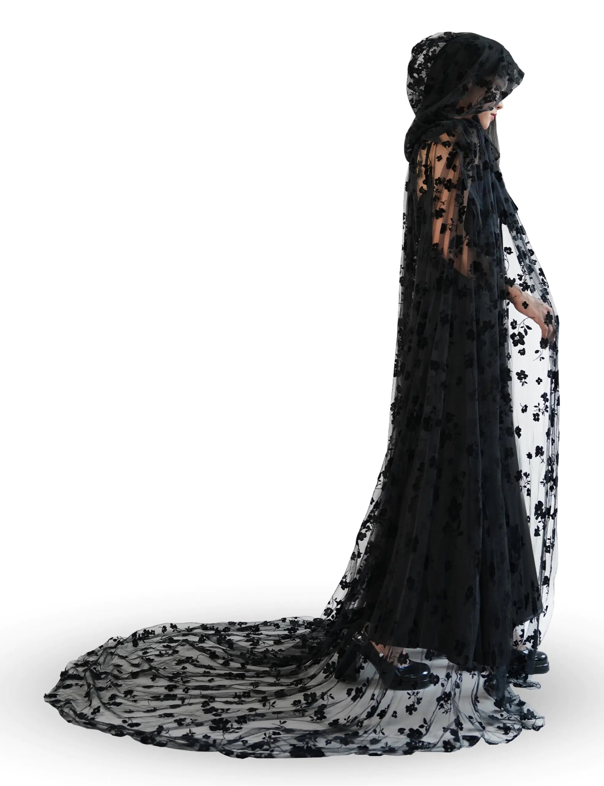 Black Hooded Cape Tulle Cloak | Wizard Vampire Robe with Hood for Women |